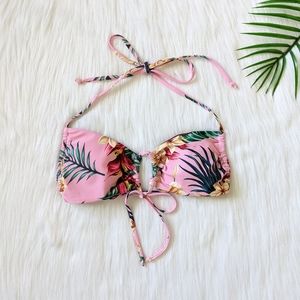 Pink tropical leaf and floral print bikini top